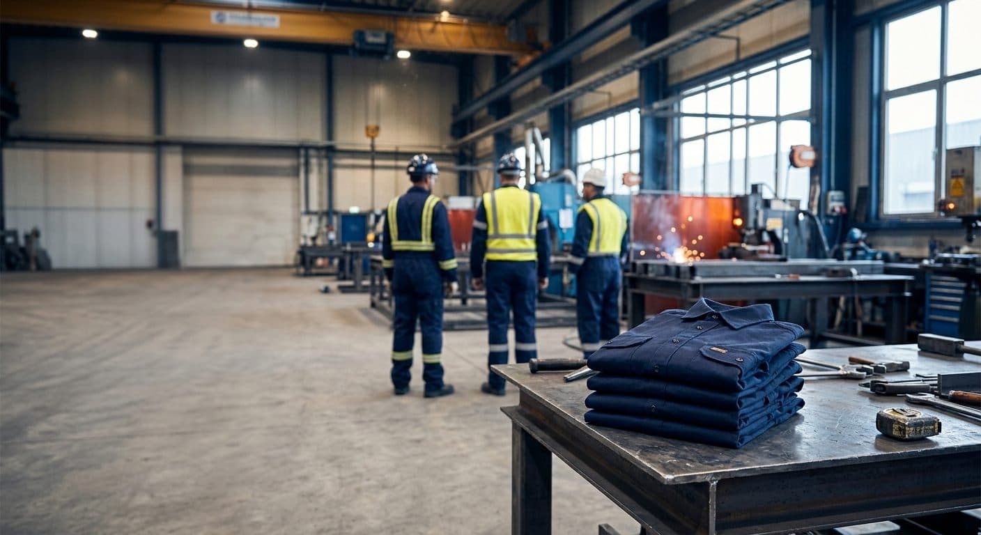 Stack of folded navy industrial work shirts on a steel workbench