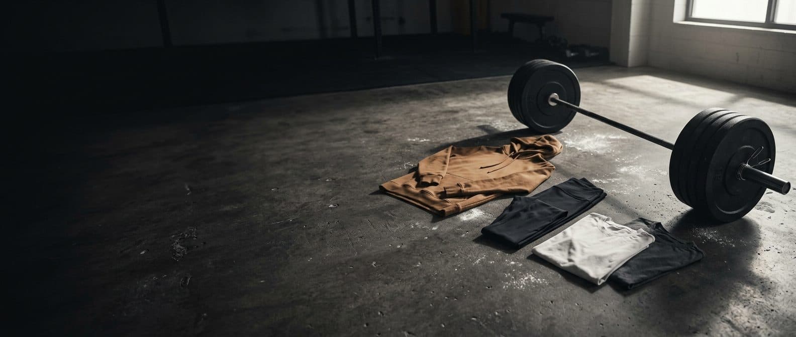 Gym apparel laid out on a concrete gym floor beside a loaded barbell — hoodie, leggings and training tees