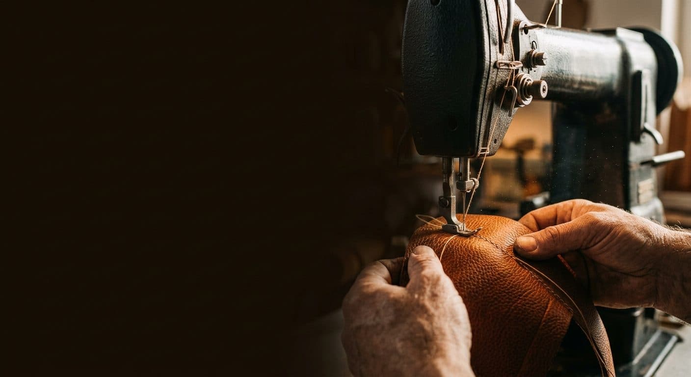 Craftsman stitching cognac leather on an industrial sewing machine at Abeeha Leather Industry, Sialkot