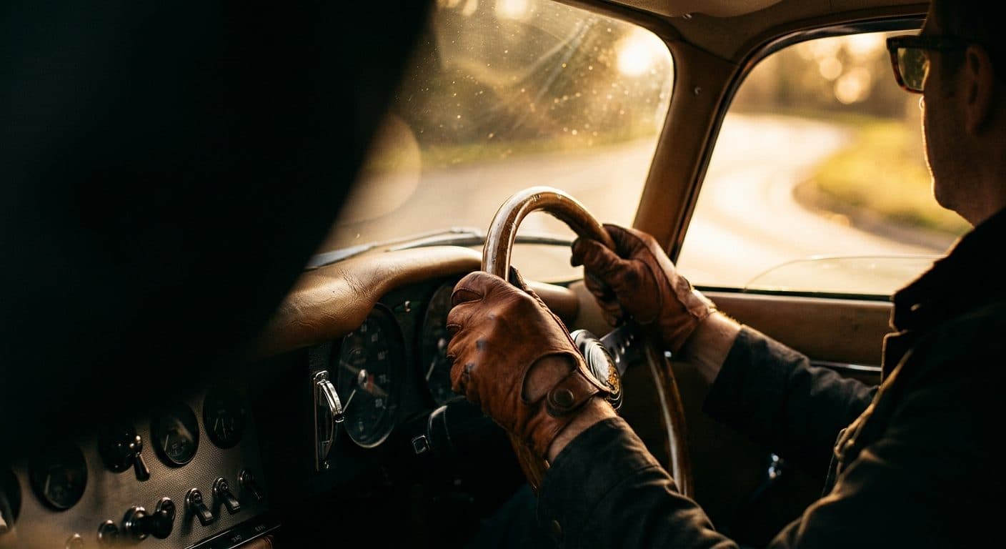 Cognac lambskin driver gloves gripping the wooden steering wheel of a classic car