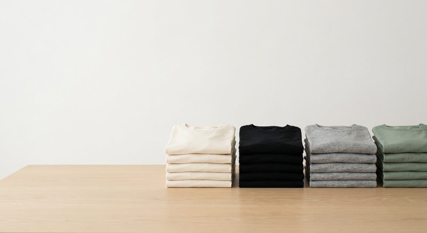 Neat stacks of folded cotton T-shirts in cream, black, heather grey and sage on a pale oak table