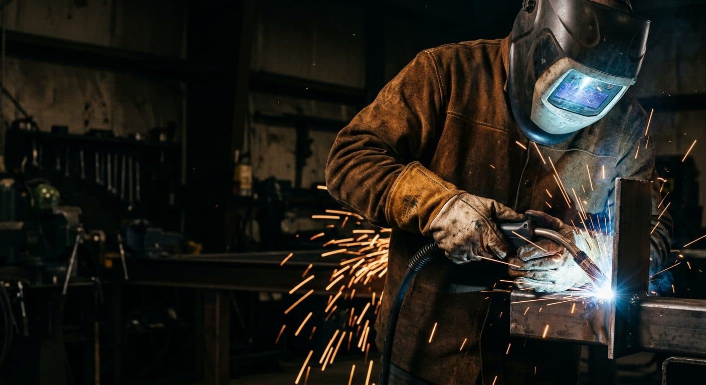 Welder in a leather welding jacket and gloves working with sparks, made by Abeeha Leather Industry