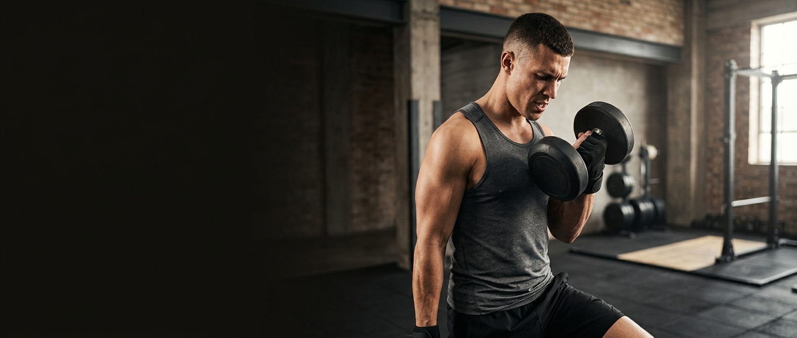 Athlete in a training vest and fingerless weightlifting gloves curling a dumbbell in a gym, gymwear manufactured by Abeeha Leather Industry