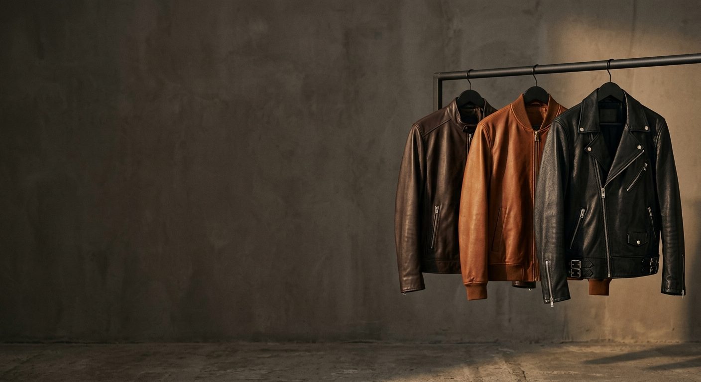 Genuine leather jackets on a rail — black biker, cognac bomber and dark brown racer, manufactured by Abeeha Leather Industry