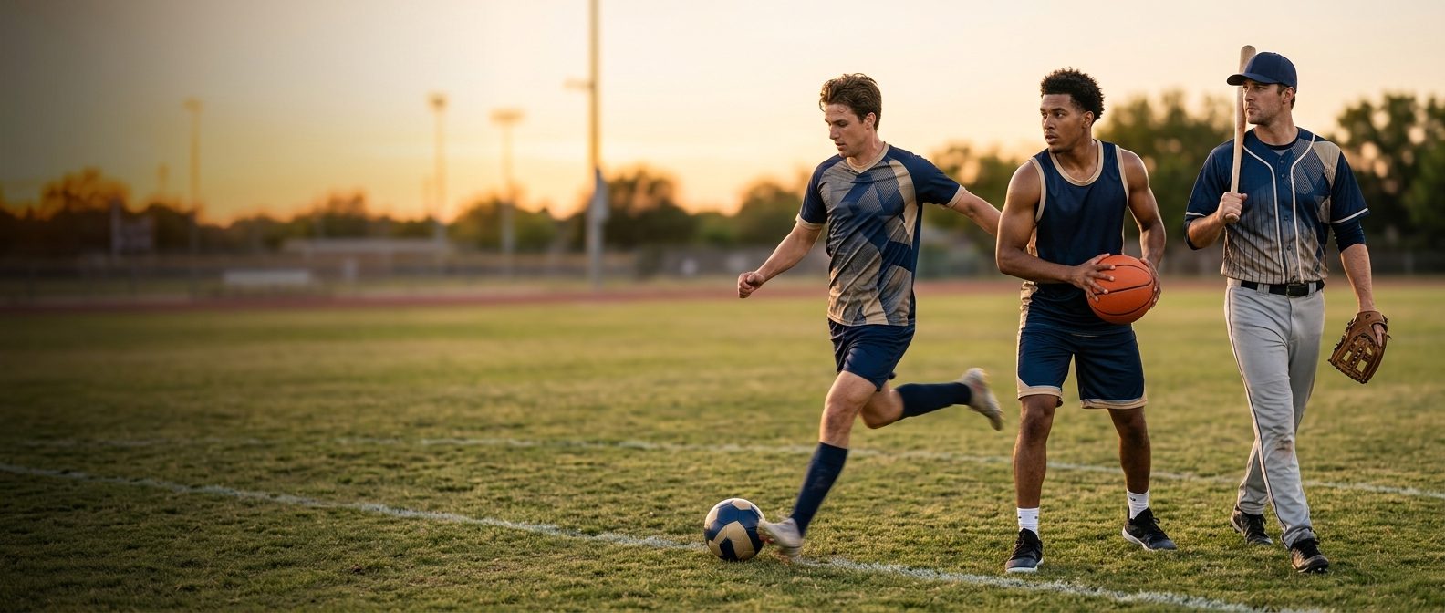 Three athletes in navy sublimated football, basketball and baseball kits on a field at golden hour, manufactured by Abeeha Leather Industry