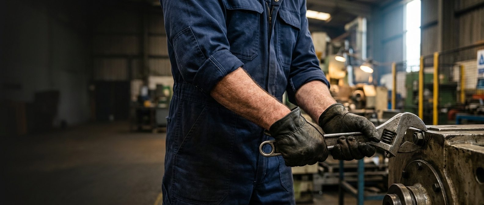 Worker in navy industrial coveralls and work gloves using a wrench on a machine, workwear manufactured by Abeeha Leather Industry